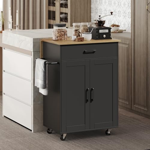 Kitchen Island on Wheels with Drop Leaf, Folding Countertop Kitchen Island Cart, Kitchen Island Table with Towel Rack, Drawer, for Kitchen, Dining Room, White and Natural KINW12501