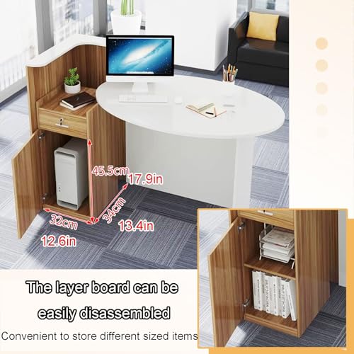  Reception Desk,Wooden Computer Desk Reception Table，White Oval Desktop & Brown Counter，Standing Front Table for Office, Home, School, Salon, Spa ( Color : Brown right , Size : 55*23.6*28.5in )
