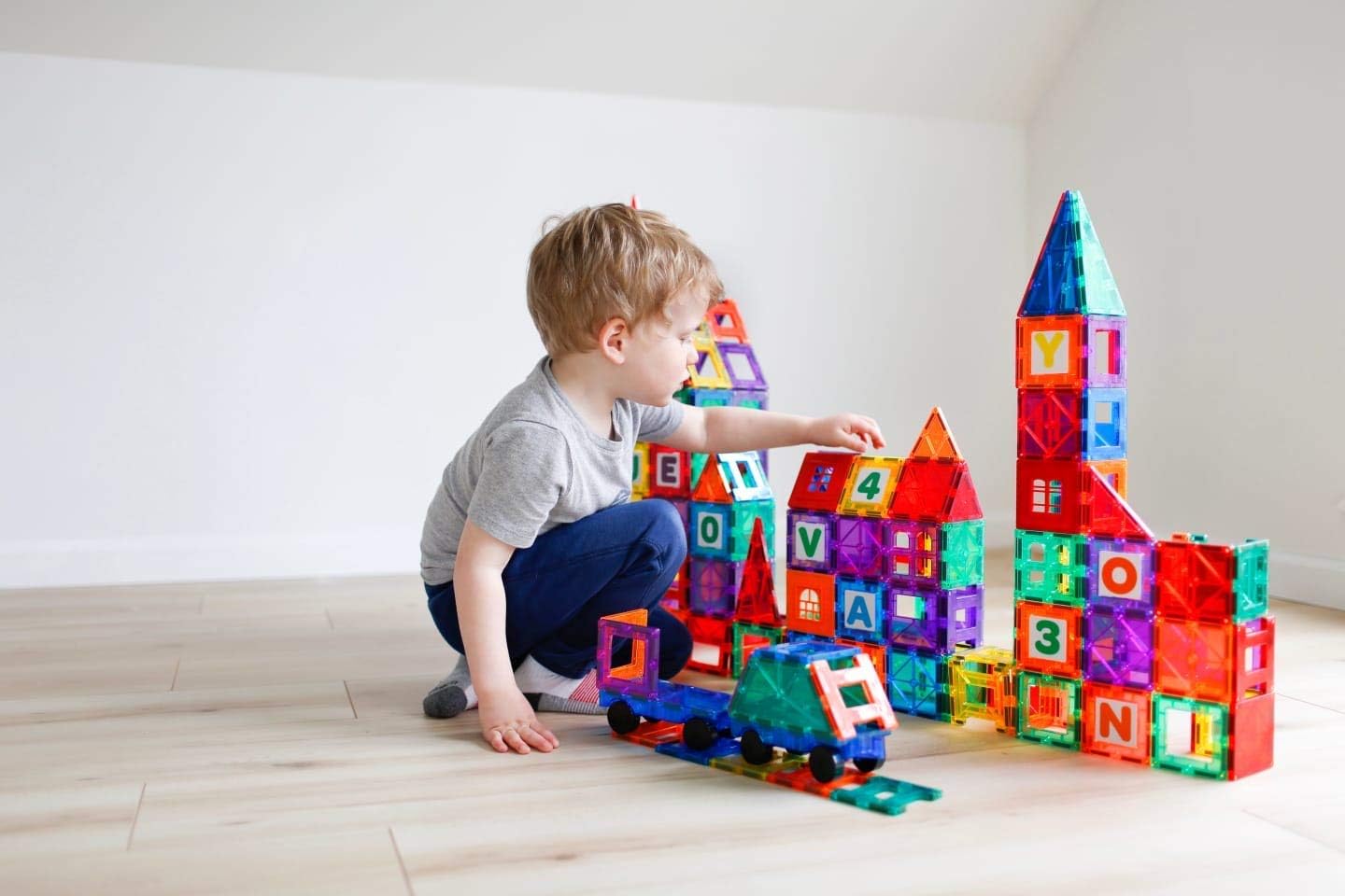 Award Winning Playmags Clear Colors Magnetic Tiles Building Set 50 + 6 Pc Set with Car - STEM Magnetic Toys Develop Motor Skills & Creativity, Colorful, Durable Magnet Building (56 Pc Set)