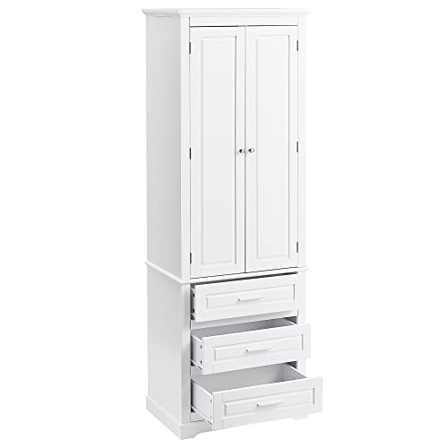 Tall Bathroom Storage Cabinet with 2 Door, Freestanding Floor Cabinet with 3 Drawers and Adjustable Shelves, Large White Linen Cabinet for Bathroom, Kitchen, Living Room