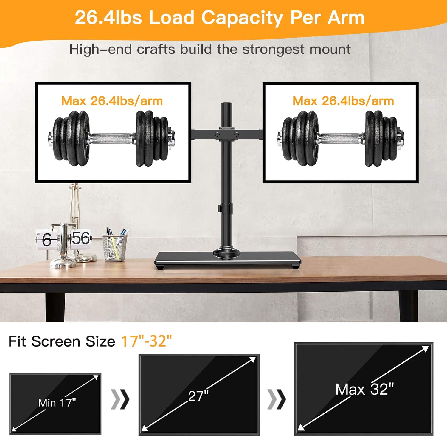 ErGear Dual Monitor Stand with Glass Base, Freestanding Height Adjustable Two Arm Monitor Mount, Heavy Duty Structure Supports Most 17-32” Monitors up to 26.4lbs, EGCM6 Pack of 2