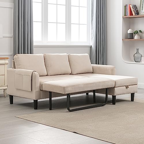 P PURLOVE 3 Seats Sleeper Sectional Sofa with Pull Out Bed,Upholstered L Shape Sofa,Sectional Corner Sofa Couch with Storage Chaise Lounge and Pocket,for Living Room,Small Space