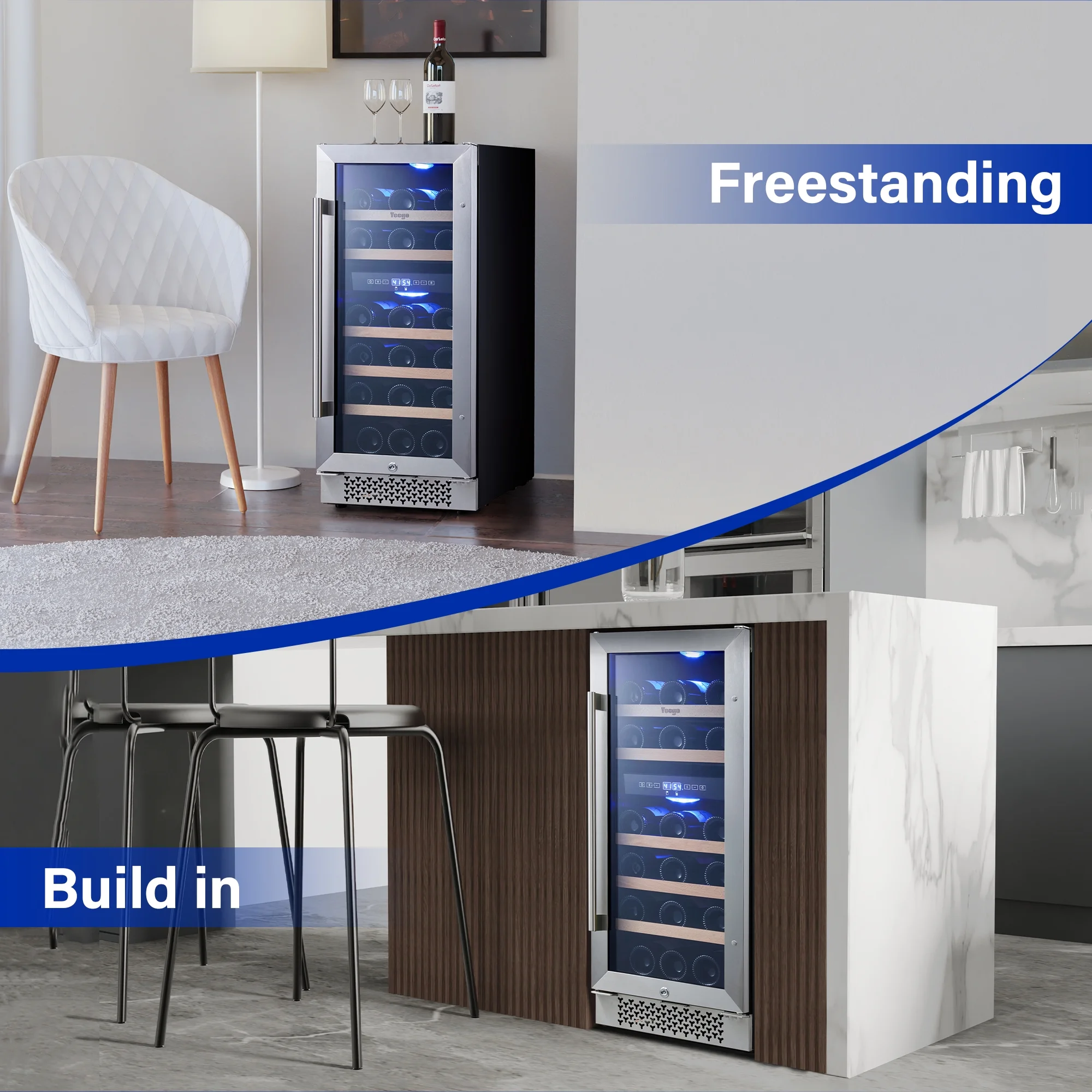 Yeego 15" Mini Wine Cooler Fridge, 28 Bottle Dual Zone Wine Refrigerator with Stainless Steel Tempered Glass Door, Freestanding and Built-in