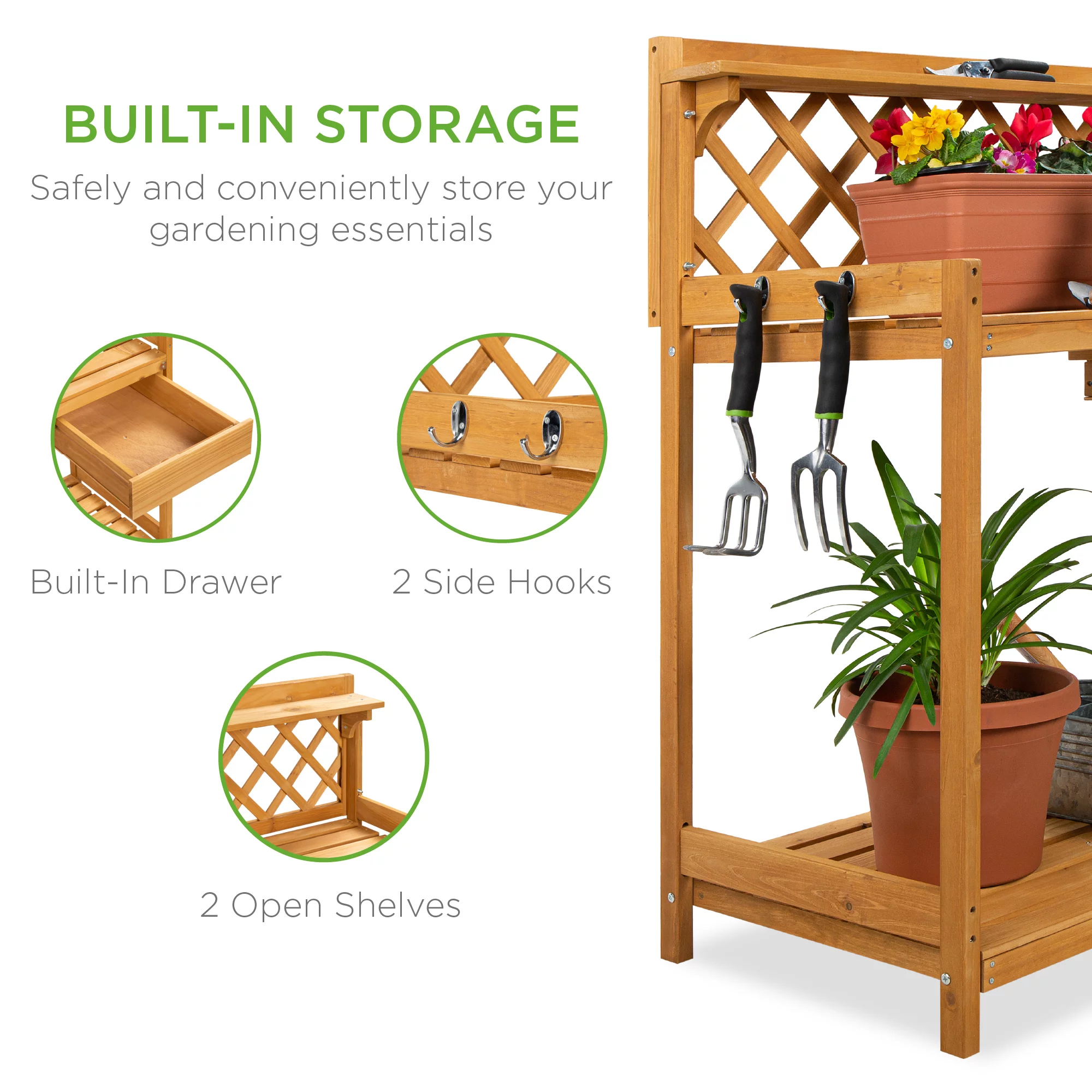 Best Choice Products Outdoor Wooden Garden Potting Bench, Workstation Table w/ Cabinet Drawer, Open Shelf - Natural