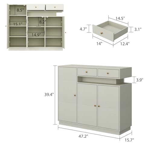 AIEGLE Shoe Cabinet with LED Light, Entryway Storage Cabinet with 3 Doors and 2 Drawers, Freestanding Space-saving Shoe Rack Organizer Cabinet for Hallway, Living Room, Light Grey