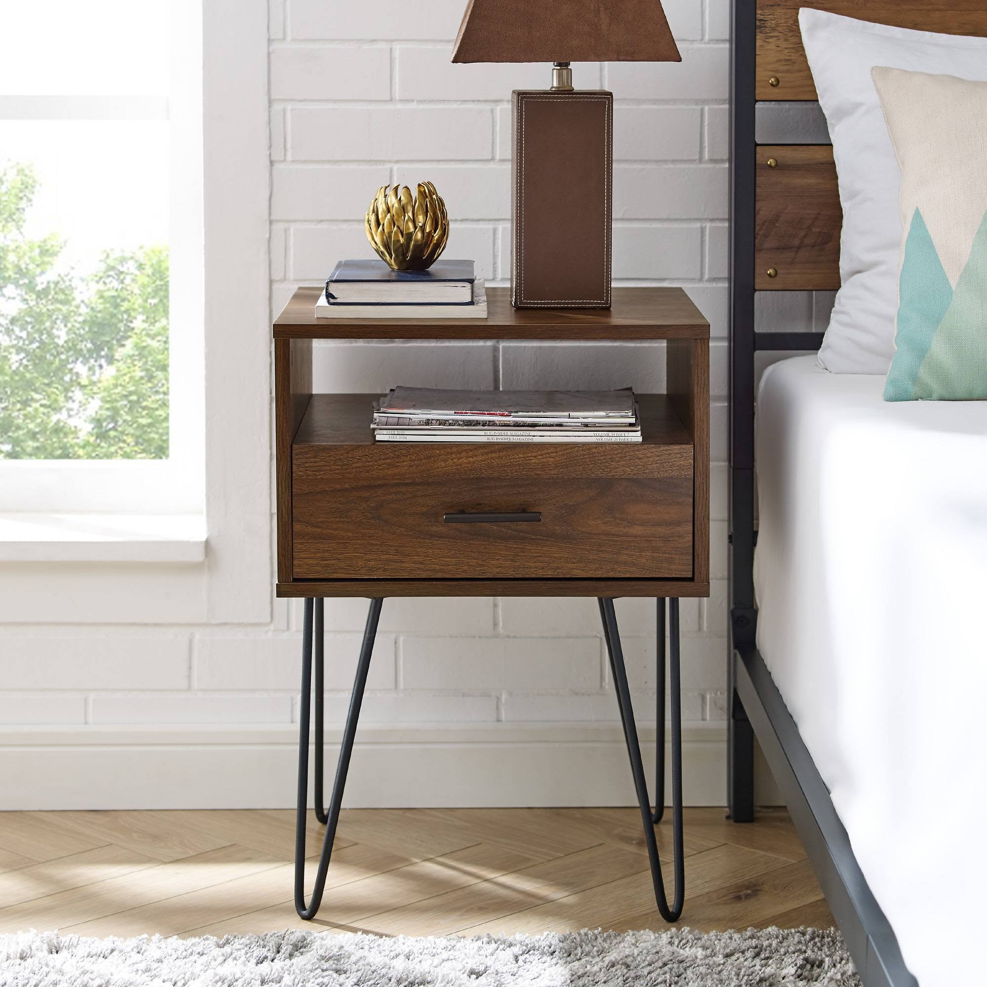 Amal Modern Single Drawer Hairpin Leg Side Table Dark Walnut - Saracina Home