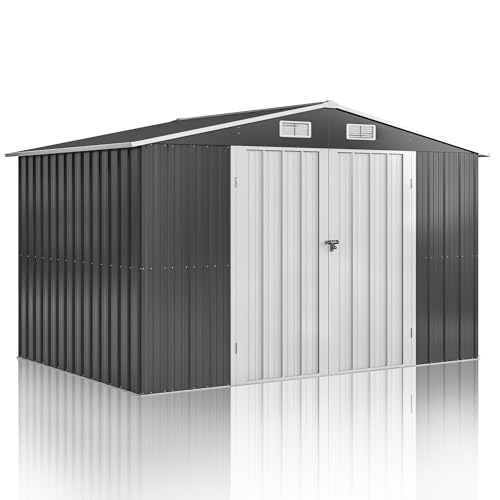 10x8 FT Outdoor Storage Shed, Metal Garden Tool Shed with Updated Frame Structure and Lockable Doors, Ideal for Backyard Garden Patio Lawn, Grey
