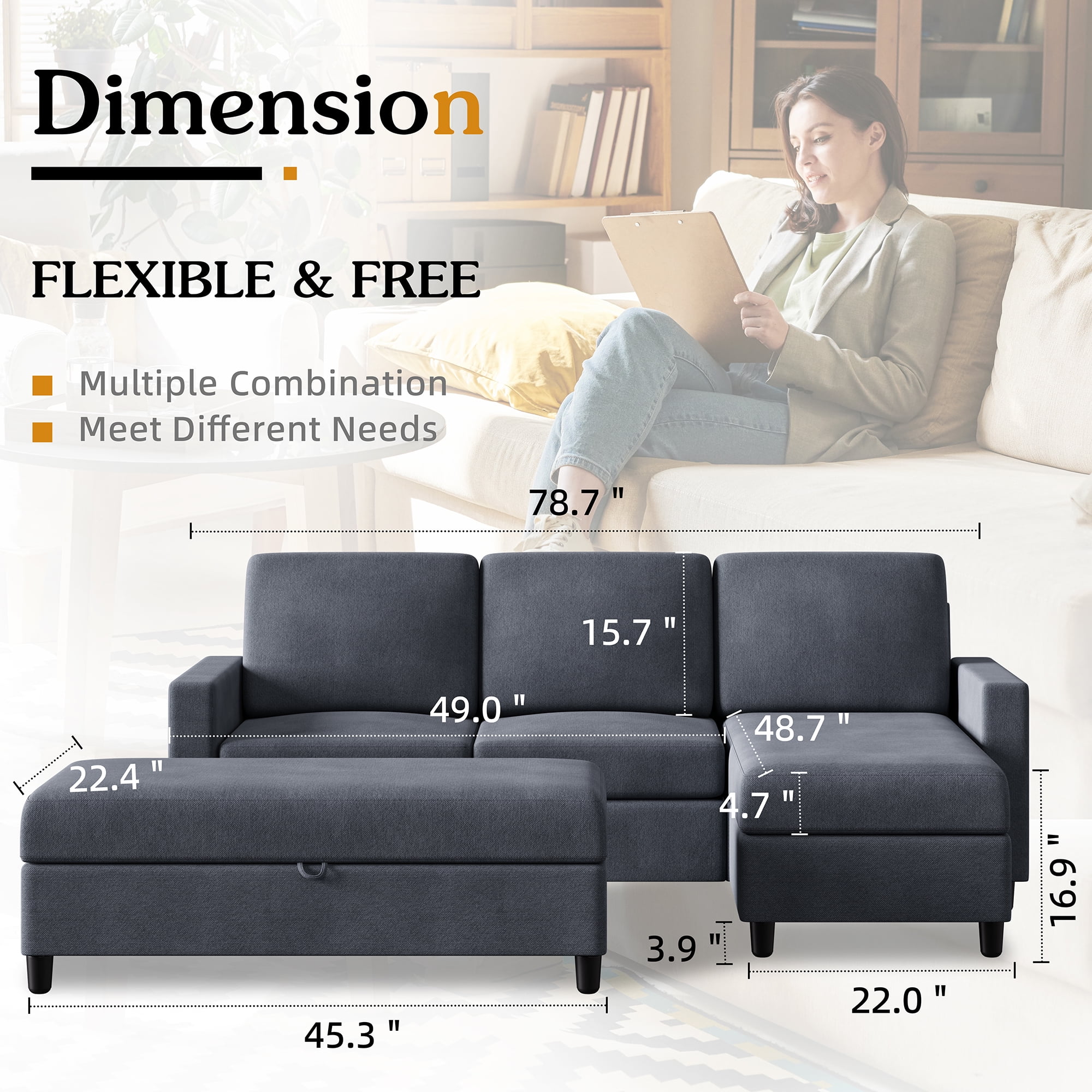 Sobaniilo Soft Couches Set, Convertible Sectional Sofa with Storage Ottoman, Fabric Couches Set for Living Room, Dark Grey