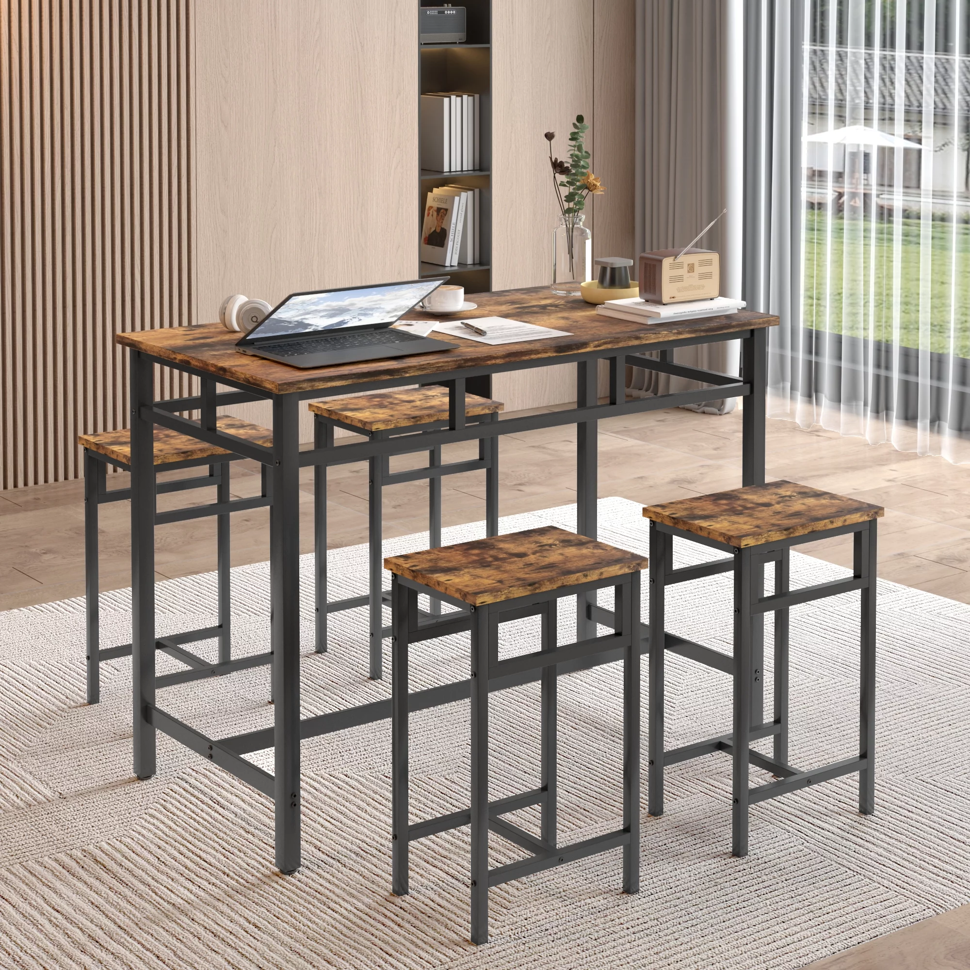 5 Piece Dining Table Set, Modern Pub Table Set with 4 Stools, Counter Height Bar Table Set, 4-Person Home Dining Table and Stools Set, Kitchen Table Set for Breakfast, Rustic Brown, D8997