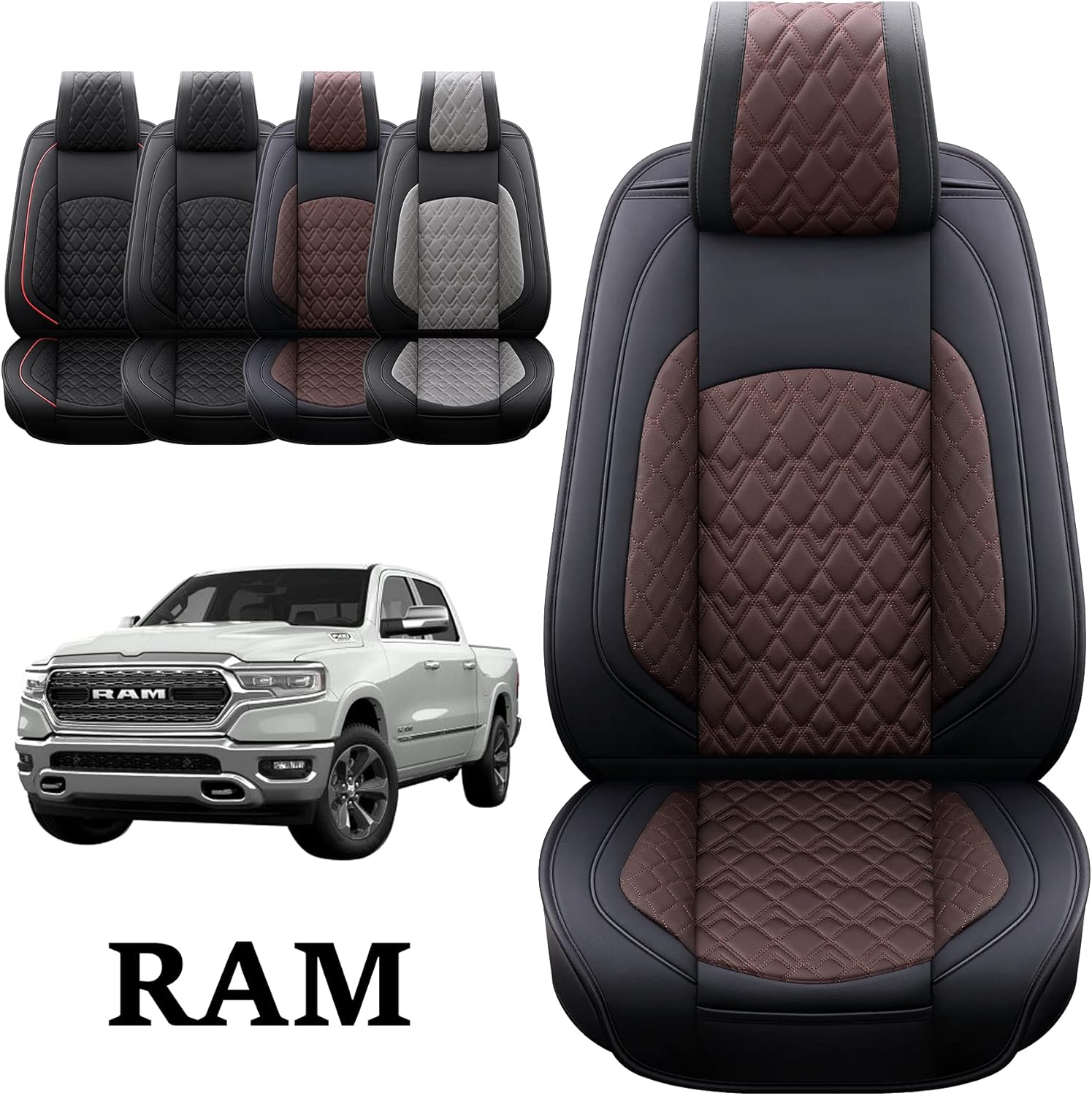 JOJOBAY Car Seat Covers for Dodge Ram 2 Pcs Front,Fit Ram 2009-2022 1500/2500/3500 Pick-up Truck,Crew,Regular,Quad,Mega Cab,Waterproof Synthetic Leather Seat Covers Protectors（2 PCS Front,Black-Grey）