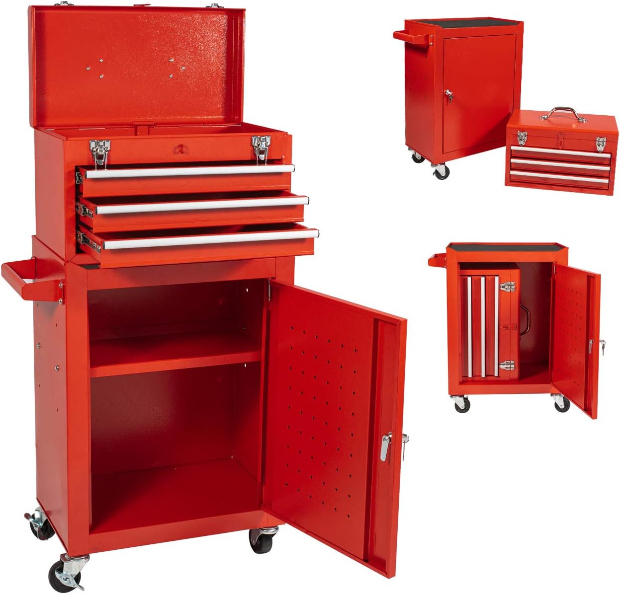 Tool Chest&Tool Box,Rolling Tool Chest,Tool Cabinet with 4 Wheels,Tool Chest with 3 Drawers,Large Capacity Removable Toolbox with Lock for Garage and Warehouse (Black&Red)