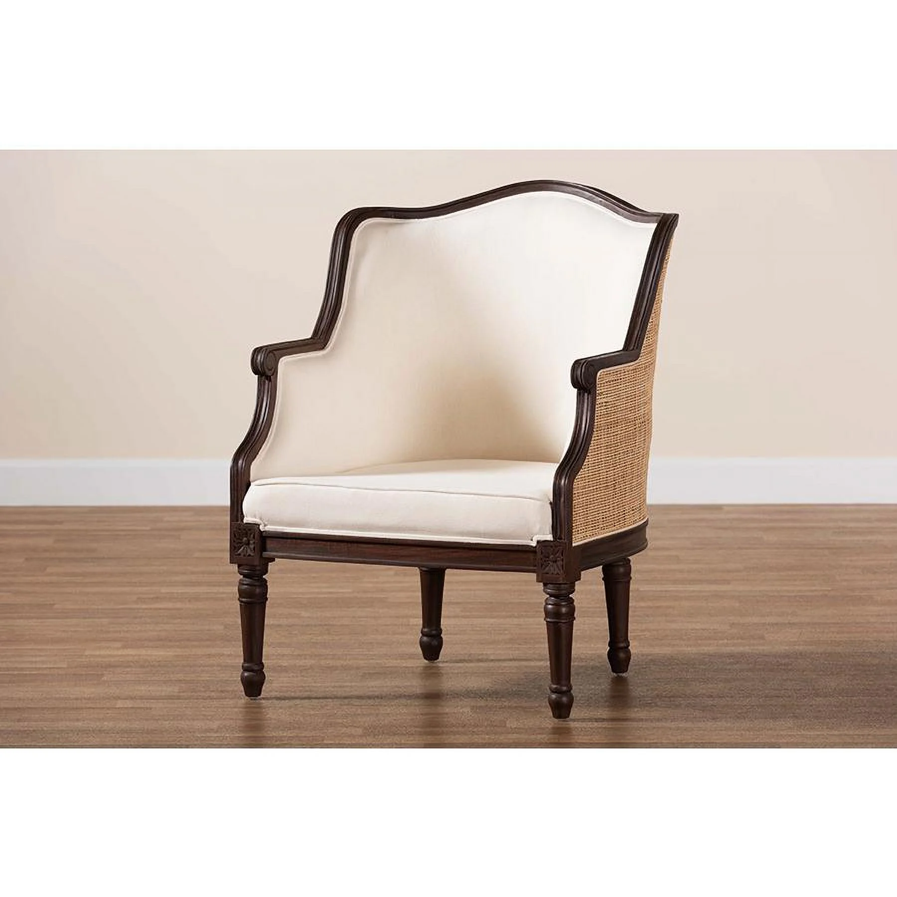 bali & pari Ornella Traditional French Beige Fabric and Dark Brown Finished Wood Accent Chair