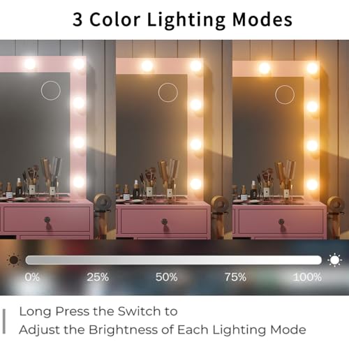 Vanity Desk with Power Outlet, 9 Drawers Makeup Vanity with Mirror and 12 LED Lights, 3 Lighting Modes, Glass Top Vanity Set, Fold-up Panel, Dressing Table for Bedroom