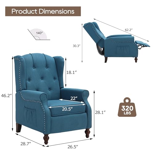 Wingback Recliner Chair with Massage and Heat, Tufted Fabric Pushback Recliner Chair, Wingback Chair with Remote Control, Padded Cushion, Wooden Legs, Small Recliners for Small Spaces