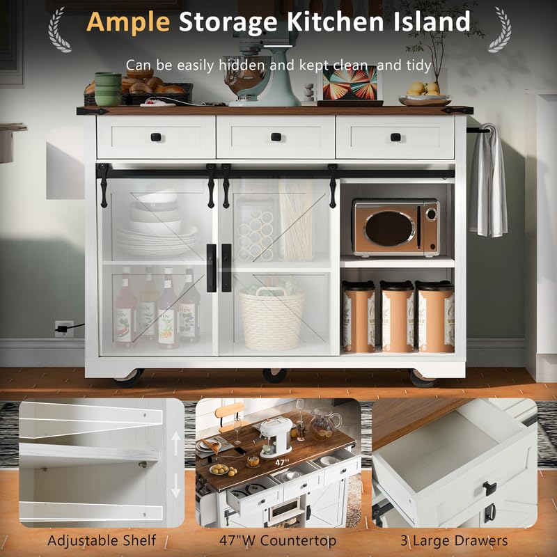 53.7" Farmhouse Kitchen Island with Power Outlet, 2 Sliding Barn Door Kitchen Storage Island with Drop Leaf, Spice Rack Rolling Kitchen Cart on Wheels, for Home, Kitchen and Dining Room, Black