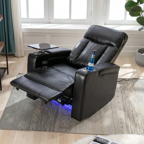 Merax Electric Recliner Chair with USB Charge Port, 360 Swivel Tray Table, Hand in-Arm Storage, and Cup Holders, Ambient Lighting - Ambient Lighting Gaming Recliner Chair Home Theater Seating(Brown)