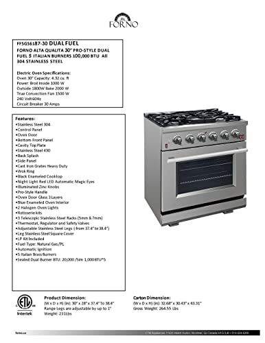 FORNO Capriasca Freestanding Dual Fuel Gas Range Burners Cooktop and Electric Convection Oven, Stainless Steel Stove Range