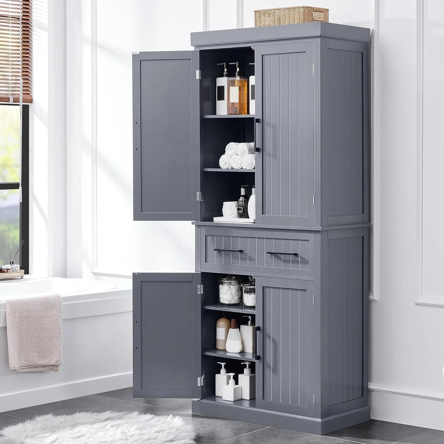 72.5" Kitchen Pantry Storage Cabinet with Drawer, Freestanding Pantry Cupboard with Doors and 2 Adjustable Shelves, Modern Utility Pantry Cabinet for Dinning Room, Living Room, White
