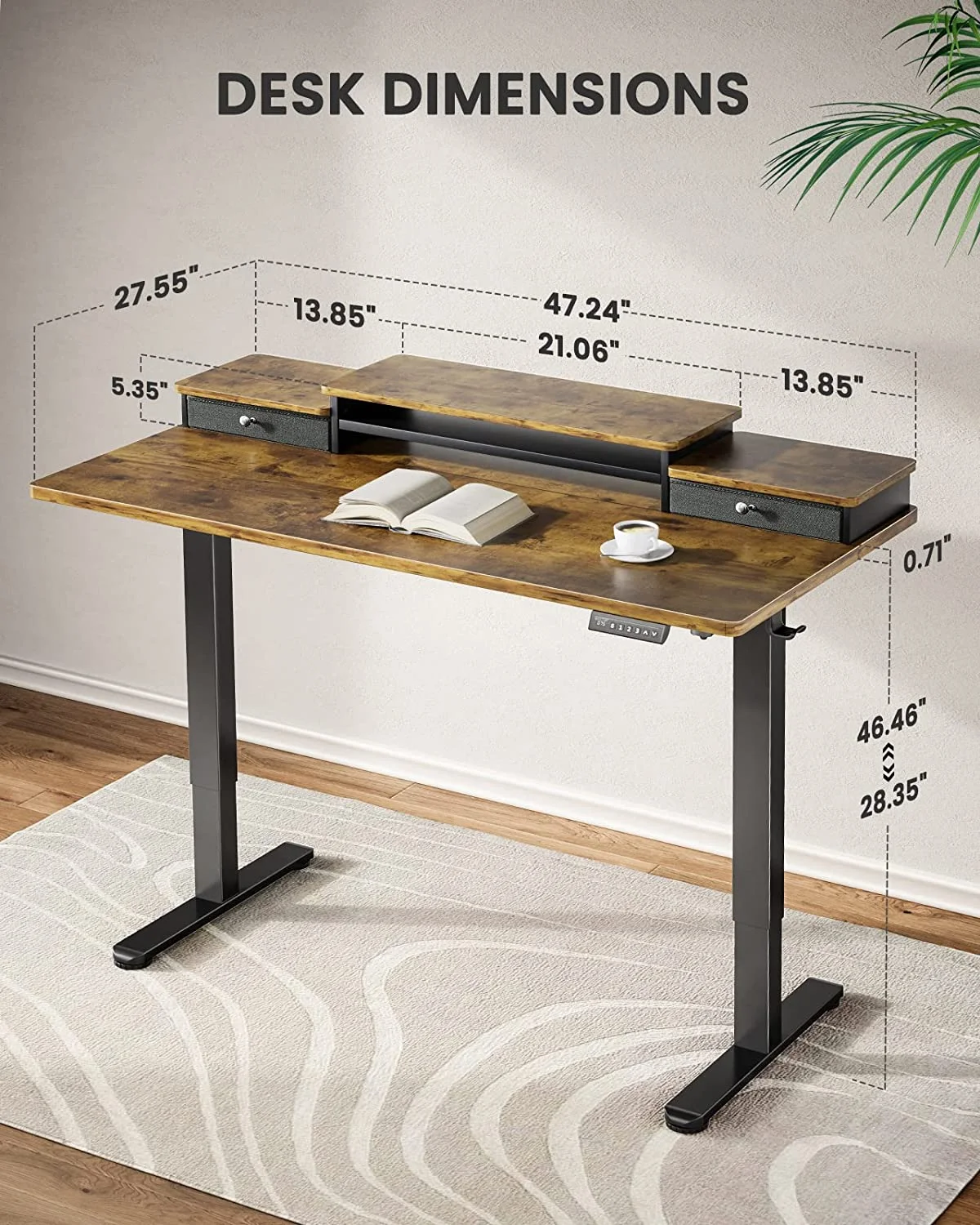 48x24 Inches Adjustable Height Electric Standing Desk with Double Drawers and Storage Shelf Stand Up Desk Computer Desk for Home Office