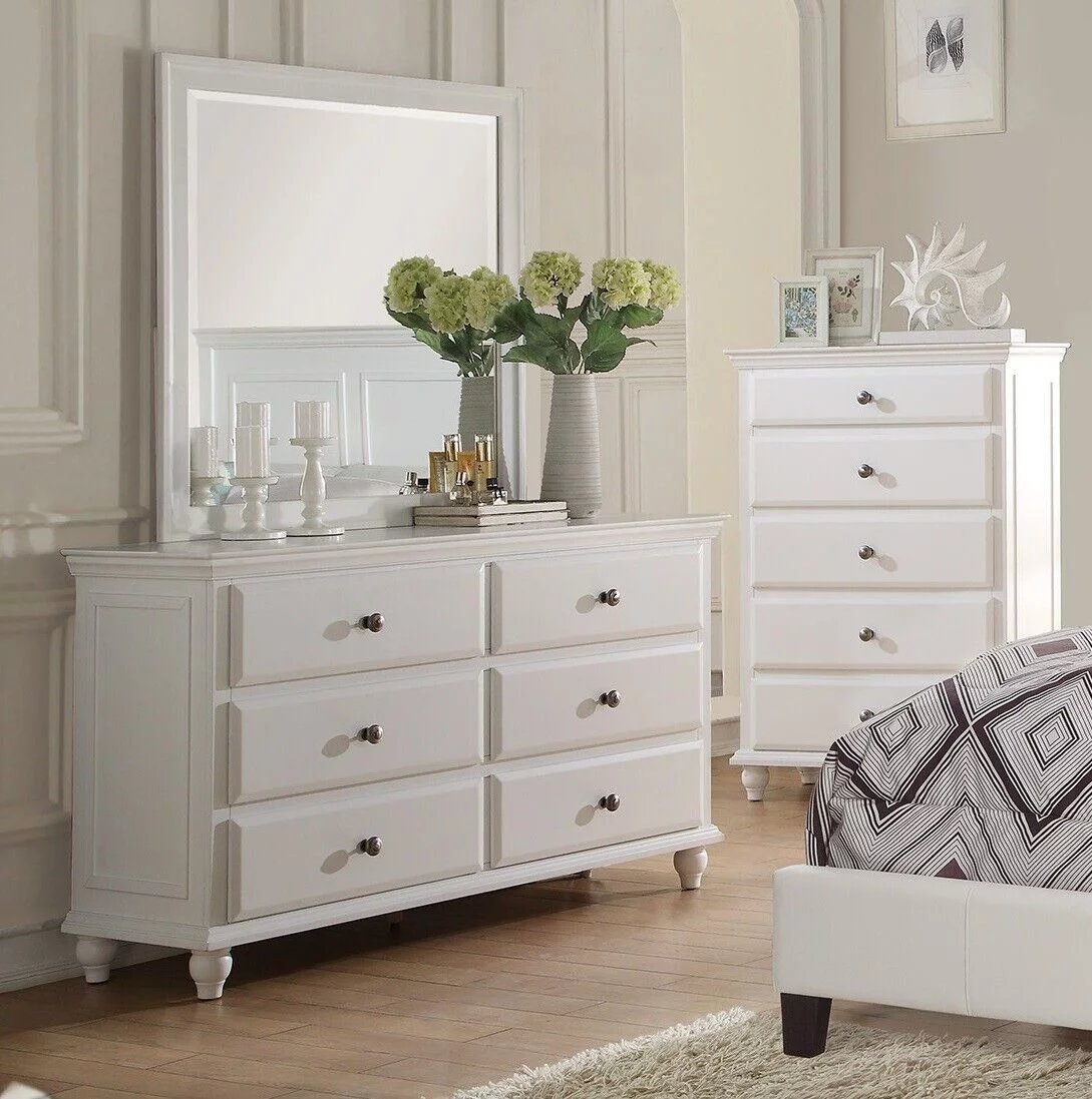 Bedroom Furniture 6pc White Full Size Bed Set Dresser Mirror 2x Nightstand Chest Tufted Headboard Contmeporary Classic