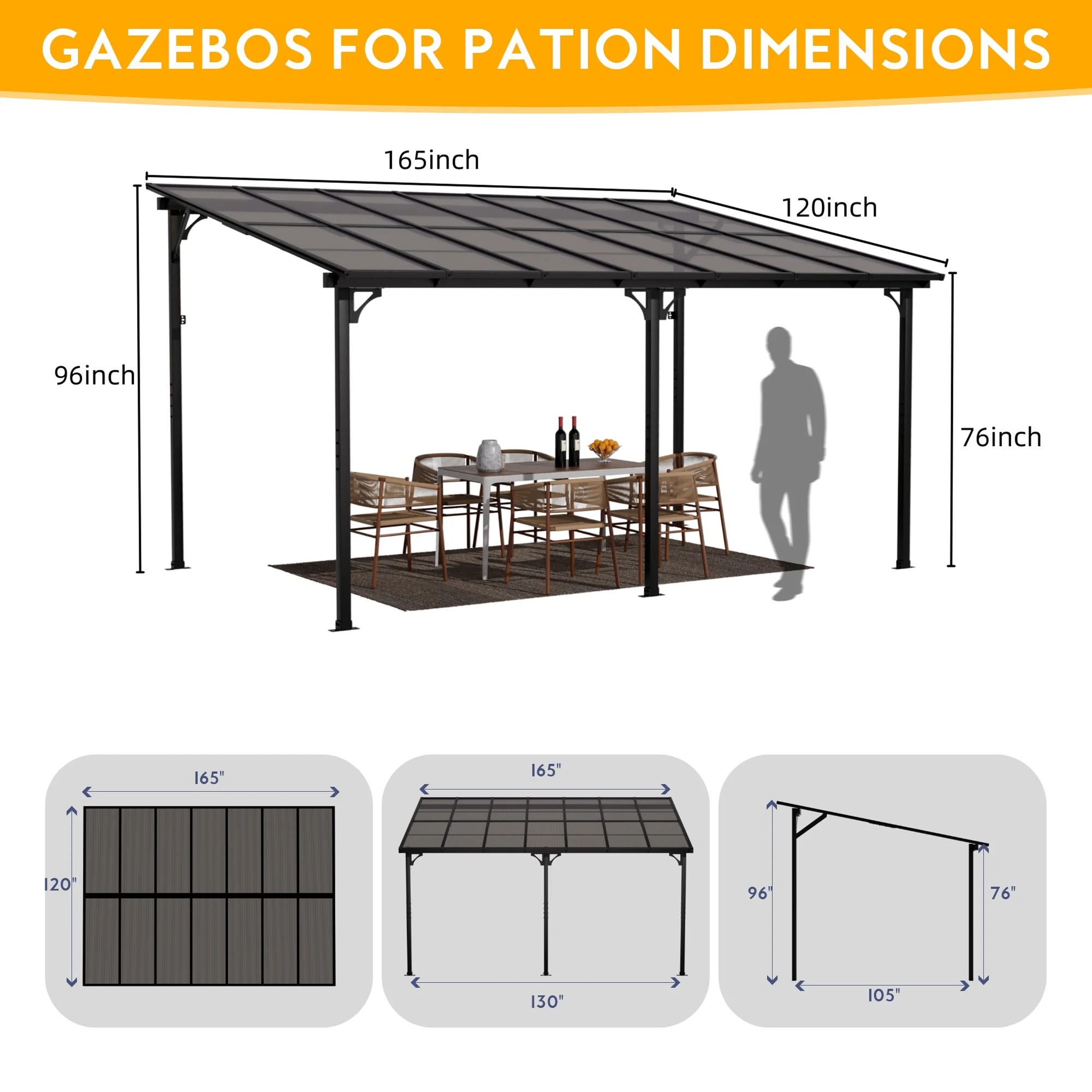 GDPFN 14' x 10' Gazebo, Wall Mounted Lean to Pergola, Outdoor Hardtop Gazebo with Roof, Large Heavy Duty Metal Awnings for Patio, Backyard, Deck, Porch - Curated Treasures Market