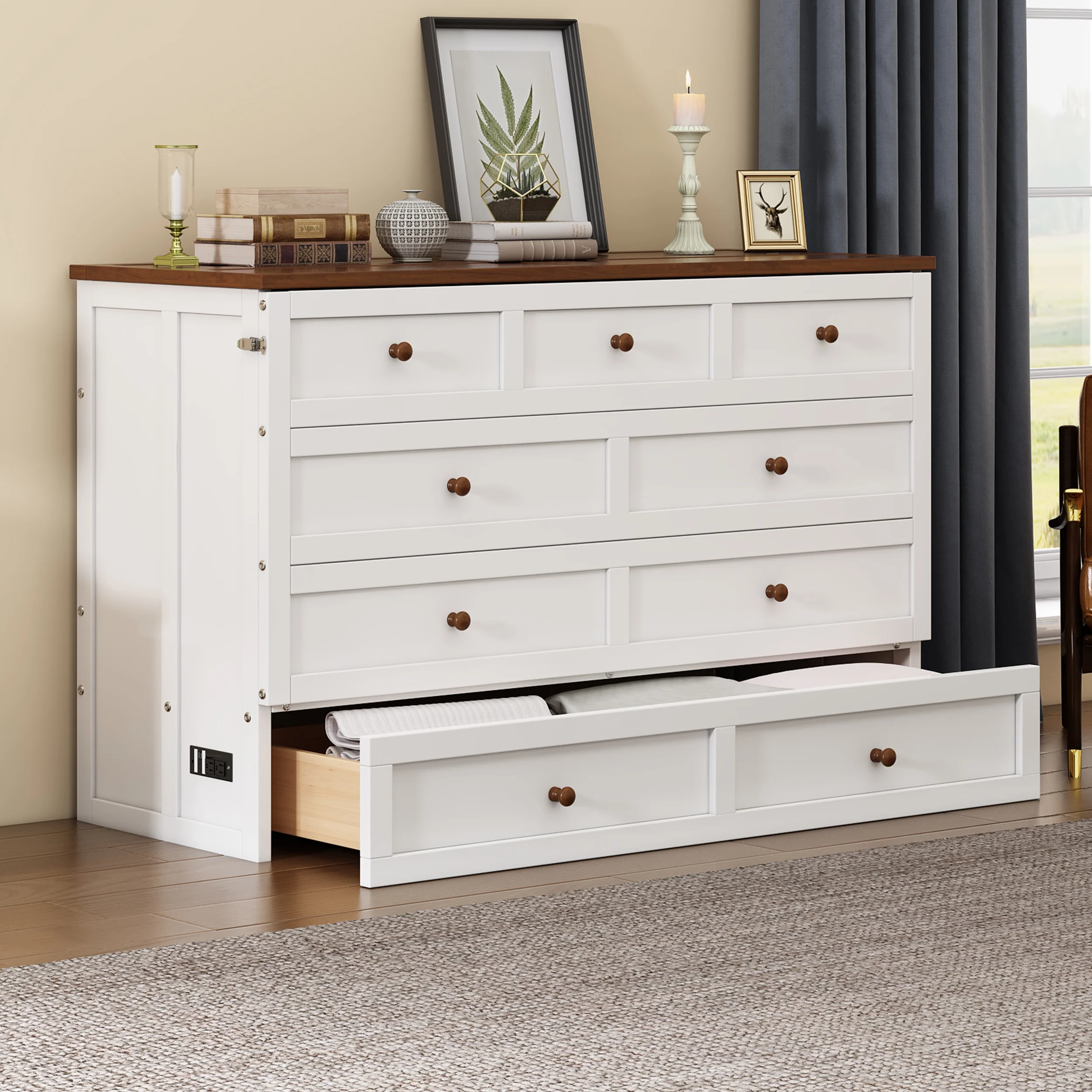 Bellemave Murphy Bed Queen with Storage Drawer, Solid Wood Queen Size Murphy Bed Cabinet with Charging Station, Easy Fold Modern Murphy Beds for Guest Room Home Office (White+Walnut)