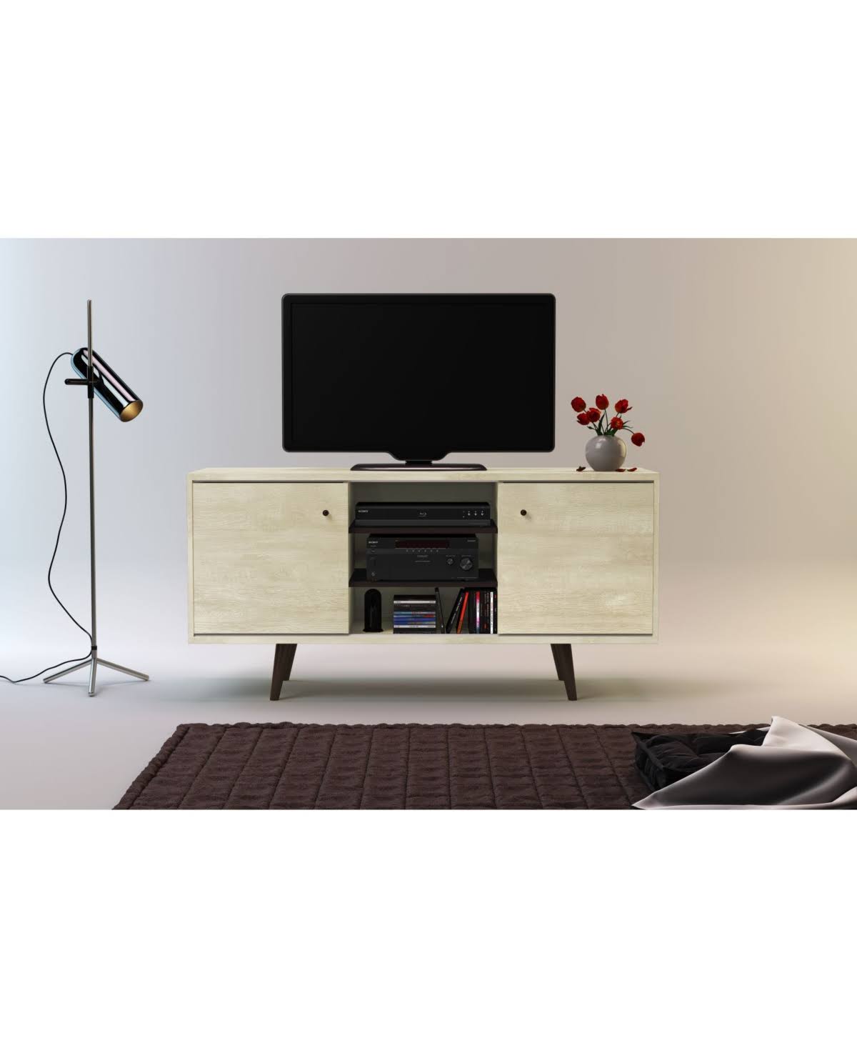 Amazonia 2 Cabinet Mid-Century 53x22 Wood TV Stand with Shelves - Sand