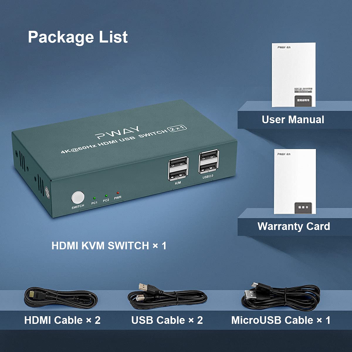 KVM Switch HDMI 2 Port, 4K@60Hz with 2 USB 2.0 Hub and Hotkey Switch Supported, USB HDMI Switch for 2 Computers Share Keyboard Mouse and one HD Monitor, with 2 HDMI and 2 USB Cables