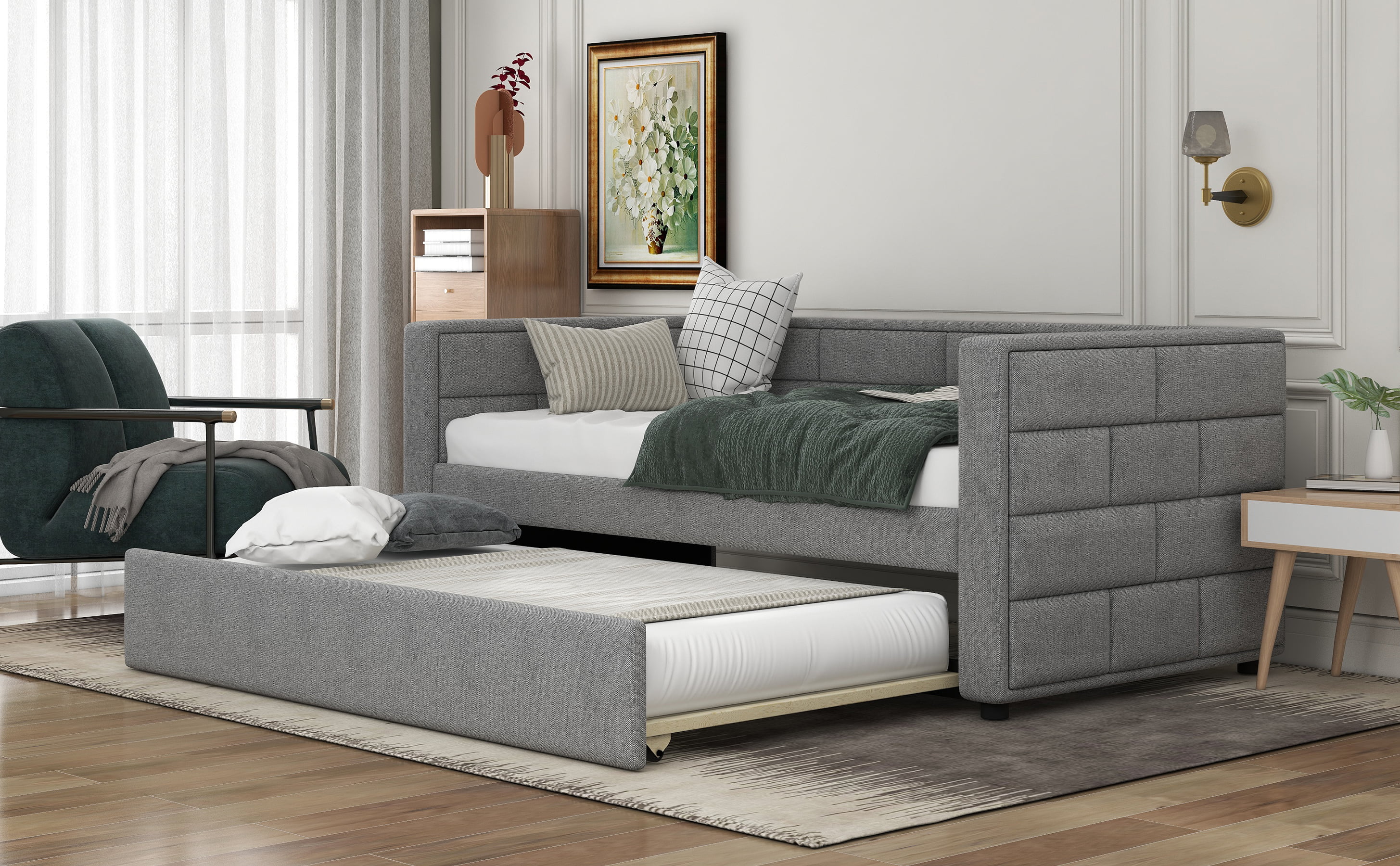Pull Out Double Sofa Bed Full Size Sofa Bed Full Sofa Bed Double Size Sofa Bed with Rollers Upholstered Sofa Bed with Upholstered Backrest Easy to Assemble Grey