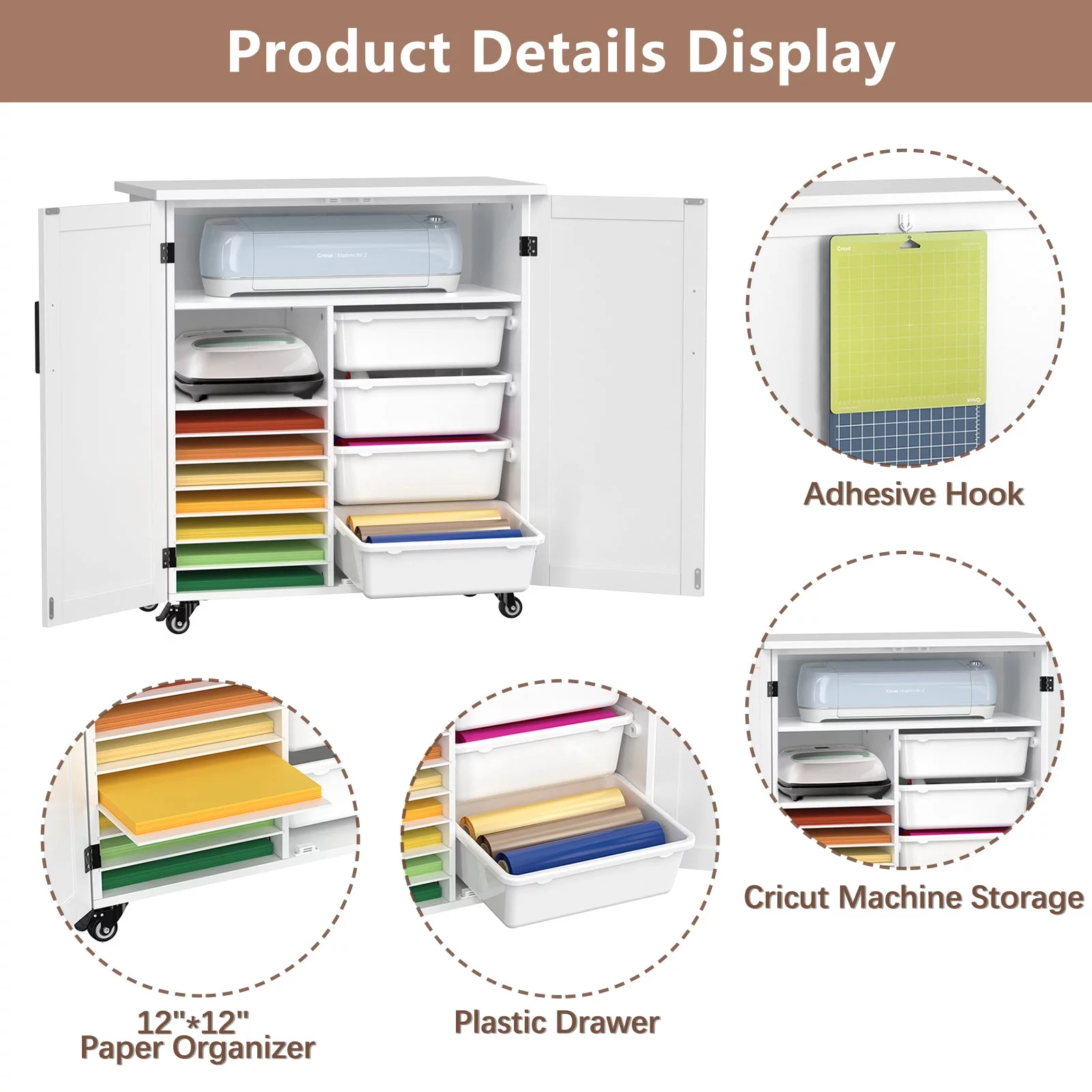GDLF Craft Cart Compatible with Cricut Machine, Rolling Cricut Cabinet with Storage 31.6"W x 15.8"D x 34.9"H