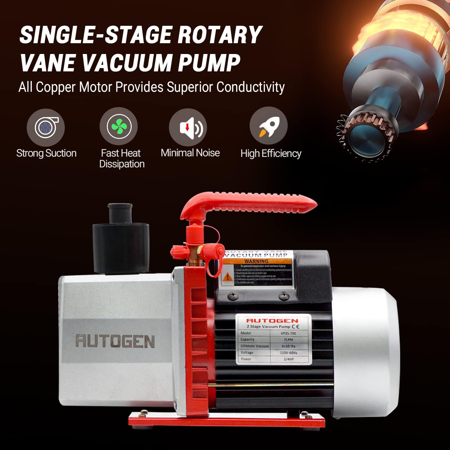 AUTOGEN 2-Stage Air Vacuum Pump 7CFM 0.3 Pa for HVAC/Auto AC Refrigerant Recharging, Degassing Wine, Milking Cow, Food Processing
