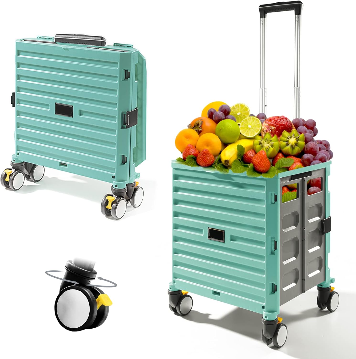 Foldable Rolling Cart with 4 Rotate Wheels, Folding Rolling Crate for Teachers Carrying File, Heavy Duty Collapsible Utility Cart with Telescoping Handle, Shopping Carts for Groceries Handcart Green