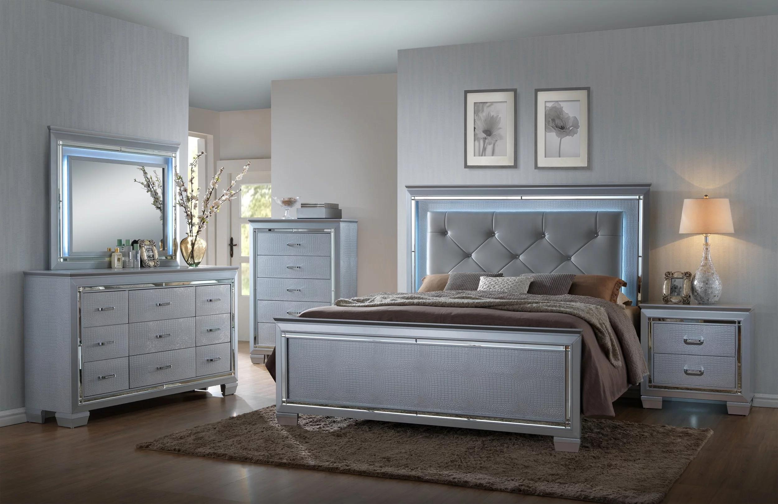 Contemporary Silver Finish 6pc Queen Size LED Backlit Upholstered HB Bed Dresser Mirror Nightstand Chest Wooden Bedroom Furniture Set