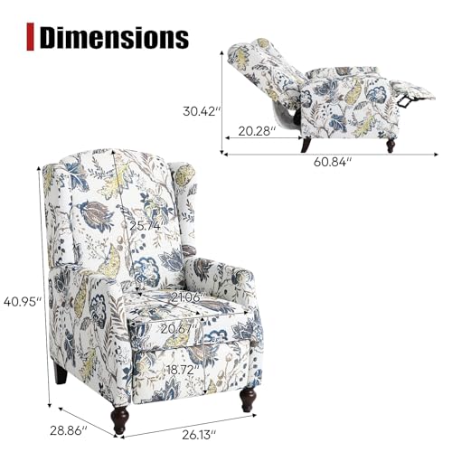 Wingback Recliner Chair with Massage and Heat, Tufted Fabric Pushback Recliner Chair, Wingback Chair with Remote Control, Padded Cushion, Wooden Legs, Small Recliners for Small Spaces