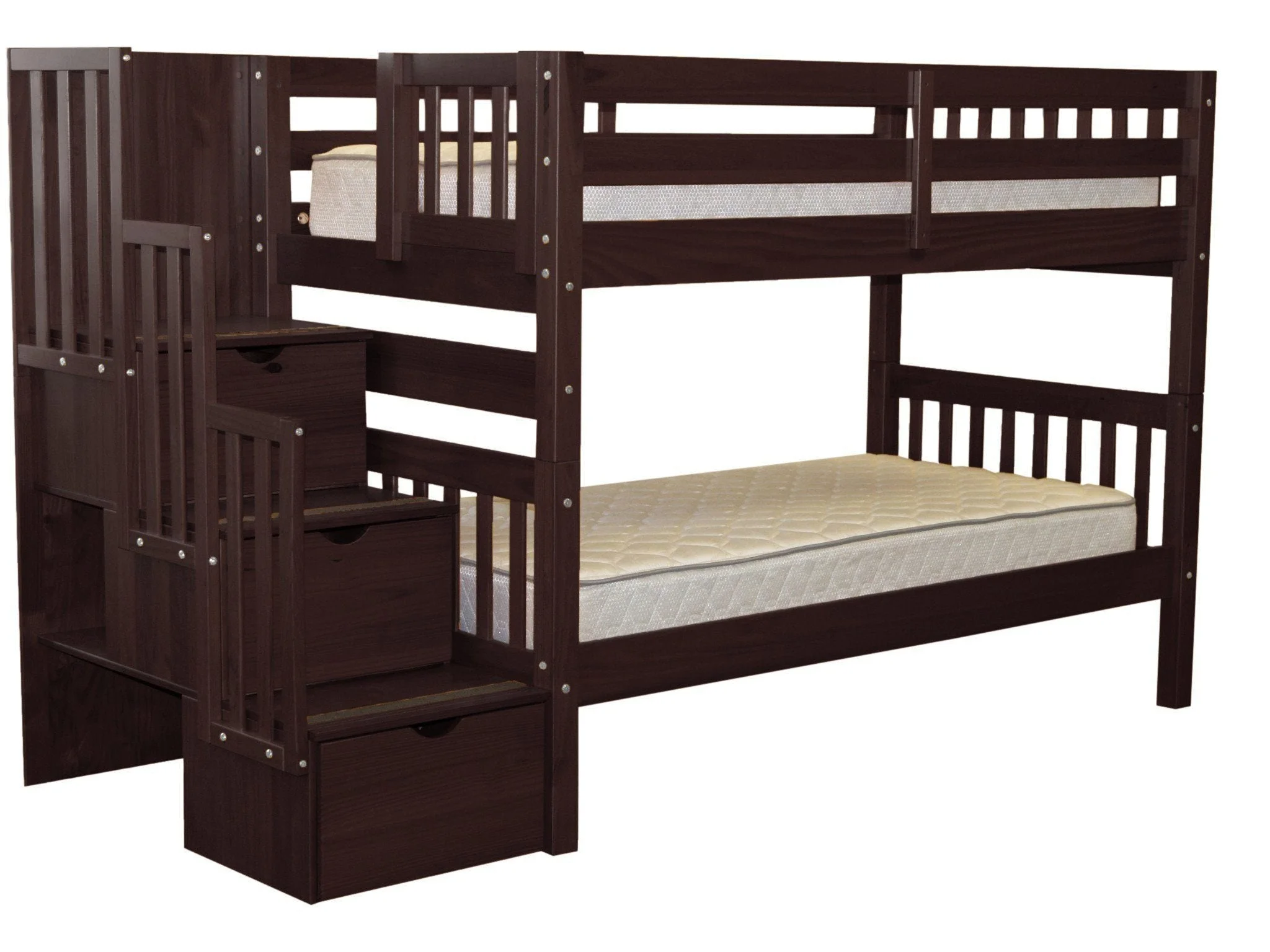 Bedz King Stairway Bunk Beds Twin over Twin with 3 Drawers in the Steps, Dark Cherry