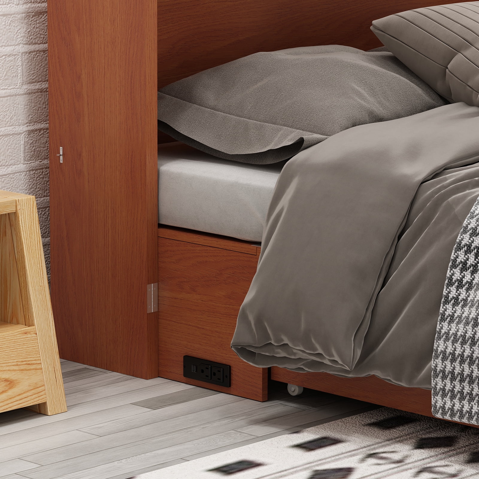 Mjkone Queen Size Murphy Cabinet Bed, Solid Pine Wall-Bed with 3 Charging Stations, 2 Storage Drawers, and Comfy Foldable Mattress for Bedroom, Office and Small Spaces (Burnt Orange)