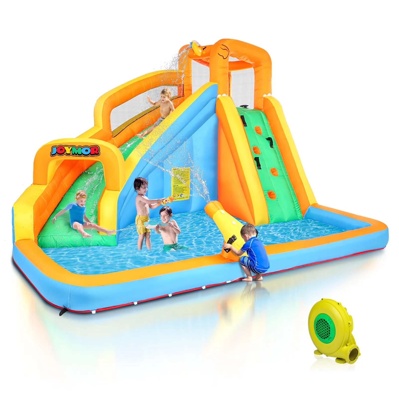 JOYMOR Inflatable Water Slide Bounce House w/Climbing Wall, Water Gun, Splash Pool, Water Slide Castle Outdoor Backyard Playhouse for Little Kids (Included Blower)