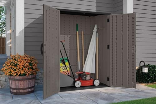 Suncast 54 Cubic Ft. Vertical Resin Outdoor Storage Shed with Lockable Double Doors, Weather-Resistant Multi-Wall Panels, Customizable Shelving, Stoney, Made in the USA