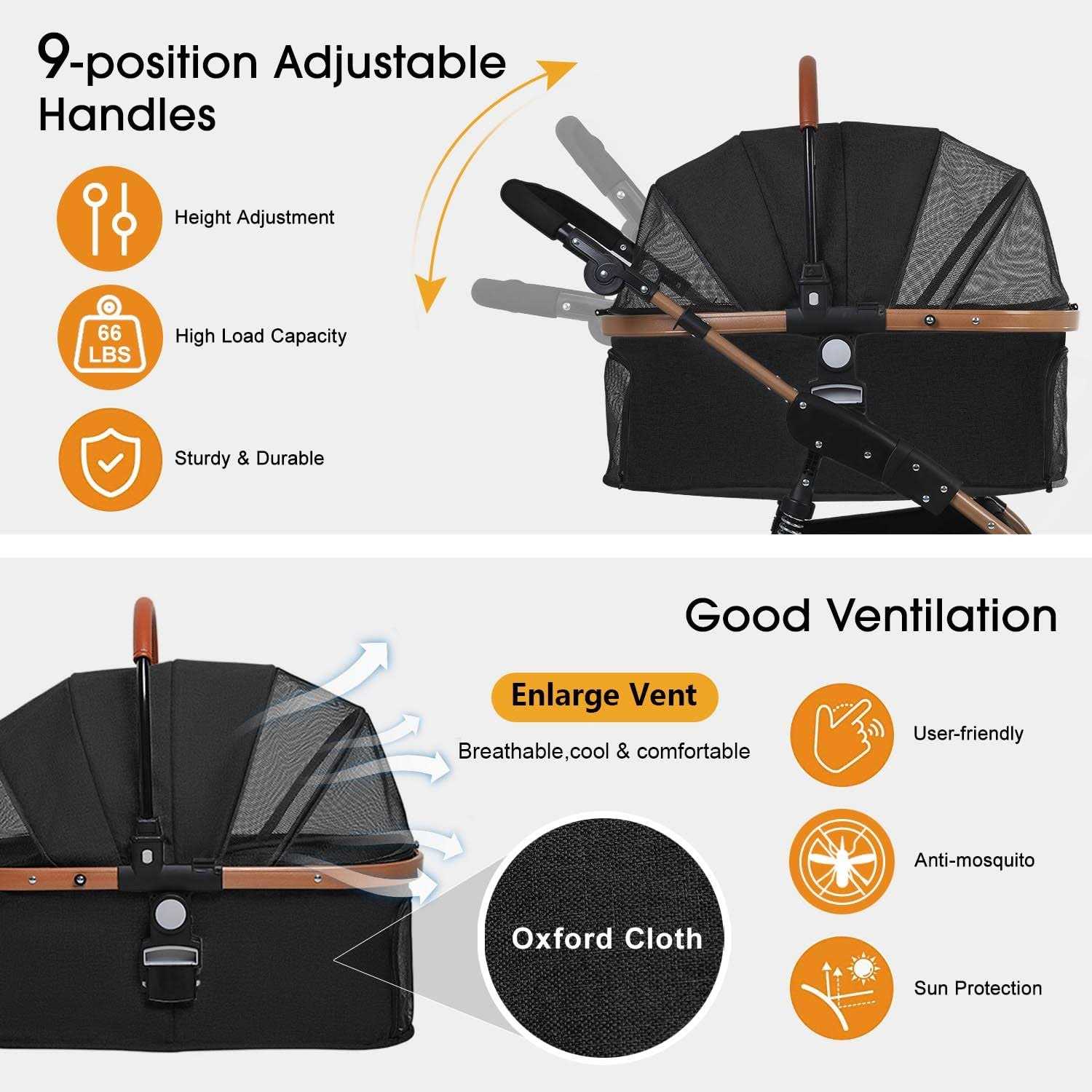 BestPet Pet Stroller Premium 3-in-1 Multifunction 4 Wheels Dog Cat Stroller for Large Medium Dogs Cats Aluminium Frame Folding Lightweight Travel