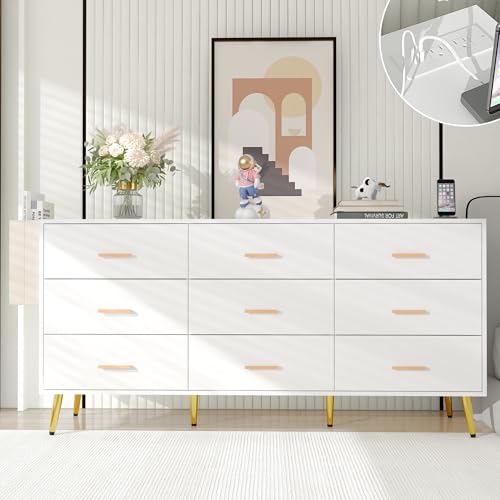9 Drawer Dresser for Bedroom, 63” Long Dresser with Charging Station, Modern Chest of Wide Drawers with Gold Handles & Storage Pocket, Wood Dresser for Kids Bedroom, Hallway, White