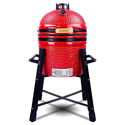 Ceramic Kamado Charcoal BBQ Grill and Smoker, Stainless Steel Grates -15" Ceramic with Tall Stand (BLACK)