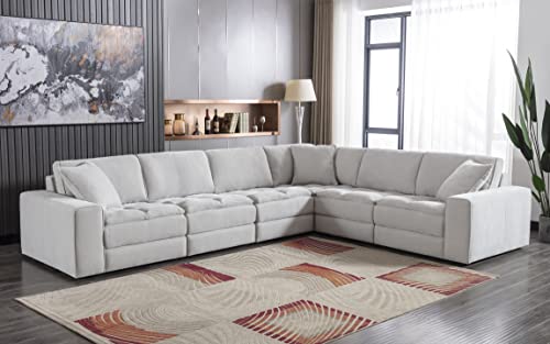 Roundhill Furniture Breton Modular Sectional Sofa Couch for Living Room, L Shape+Ottoman, 7-Piece, Oyster Grey