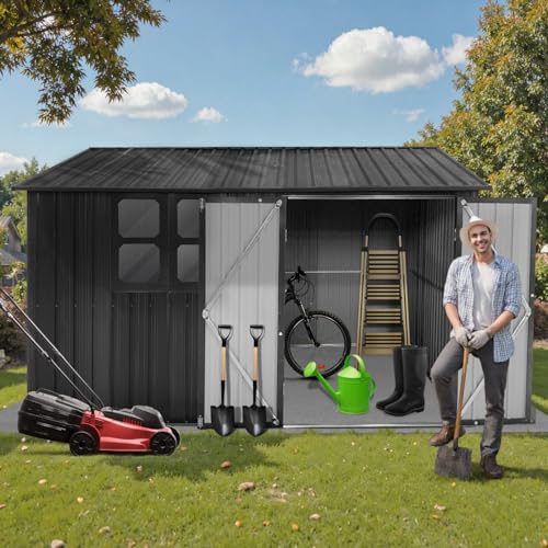 10' x 8' Large Outdoor Storage Shed, Sturdy Metal Building w/Windows & Lockable Doors for Garden, Backyard, Poolside and Lawn, Grey