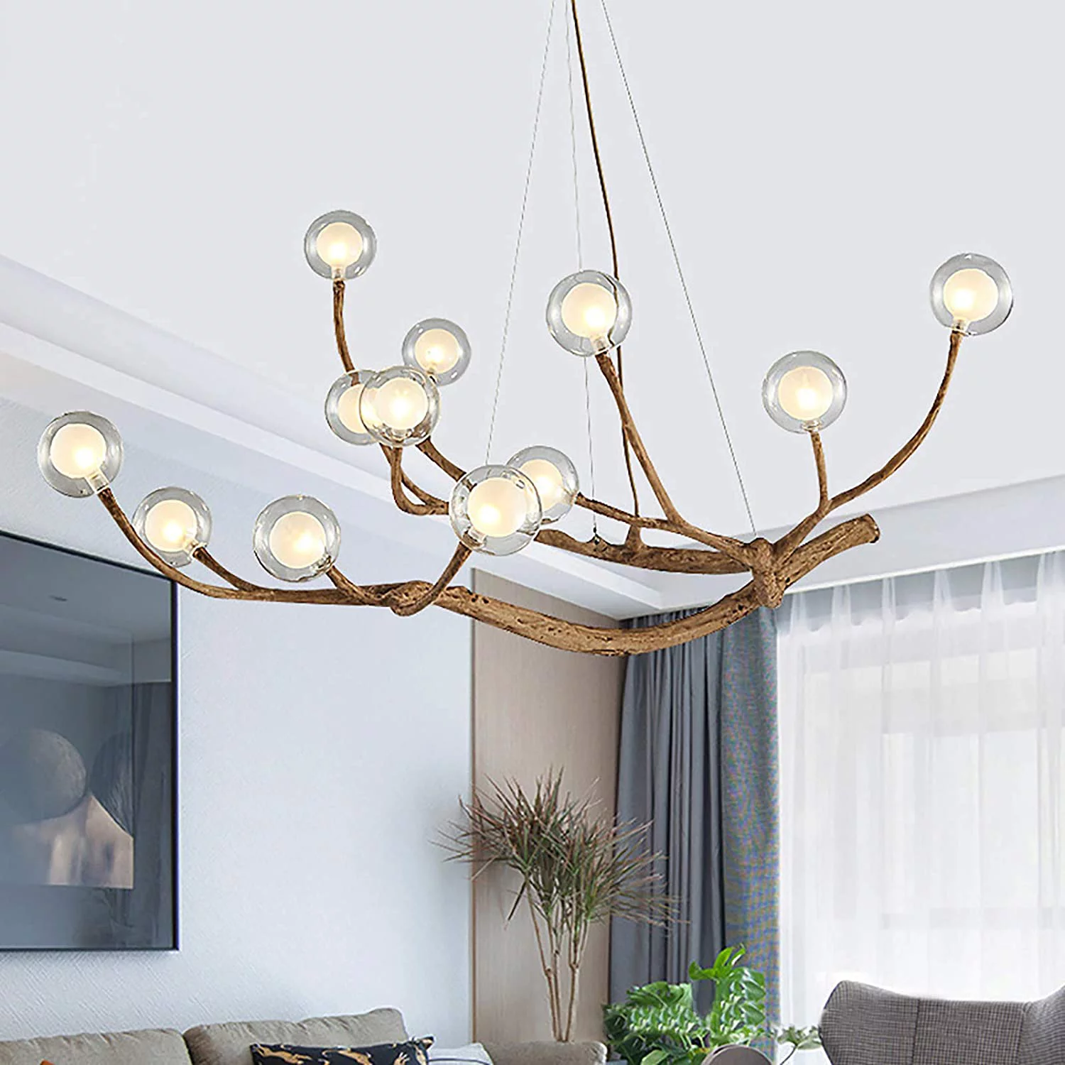 Miumaeov Modern Wood Branch Chandelier, 12 Lights Glass Bubble LED Pendant Ceiling Light, Adjustable Hanging Vintage Flush Mount Ceiling Light Fixture