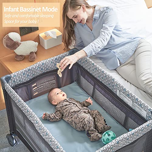 5 in 1 Multifunctional Pack and Play,Qutanix Foldable Baby Crib with Bassinets,Changing Table,Newborn Napper with Canopy,Diaper Stacker,Baby Playpen for Babies and Toddlers