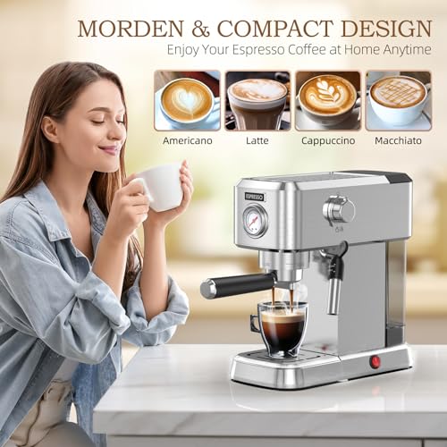 Espresso Machine, 20 Bar Espresso Maker with Milk Frother Steam Wand for Latte and Cappuccino, Compact Stainless Steel Espresso Coffee Machine with 50oz Removable Water Tank for Home
