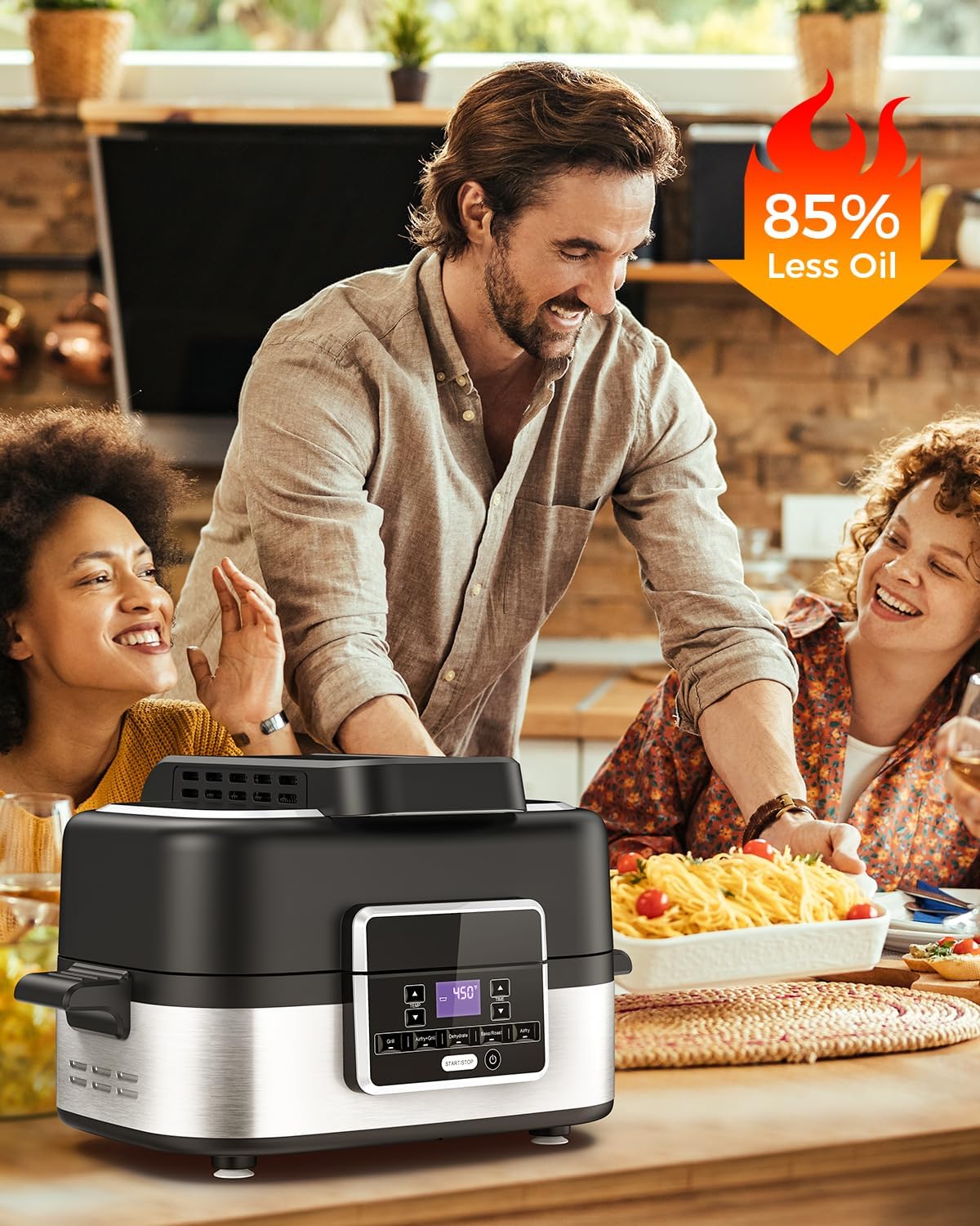 Joy Pebble Indoor Grill with Air Fry, 5-IN-1 Electric Smart Air Fryer Grill Combo, Stainless Steel with Air Grill, Air Fryer, Roast, Bake, Dehydrate, Beef & Fries, 5QT Large Capacity Smokeless, Black