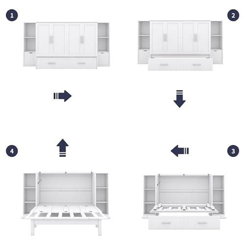 Full Size Murphy Wall Bed With Storage and Bookcase Headboard, Solid Wood Cabinets With Shelves, Drawers and USB Ports, Multi-Function Platform for Home Office, Guest Room - White
