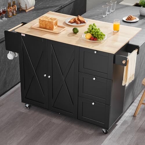 VEVOR Kitchen Island Cart with Solid Wood Top, 35.4" Width Mobile Carts with Storage Cabinet, Rolling Kitchen Table with Spice Rack, Towel Rack, and Drawer, Portable Islands on Wheels, White