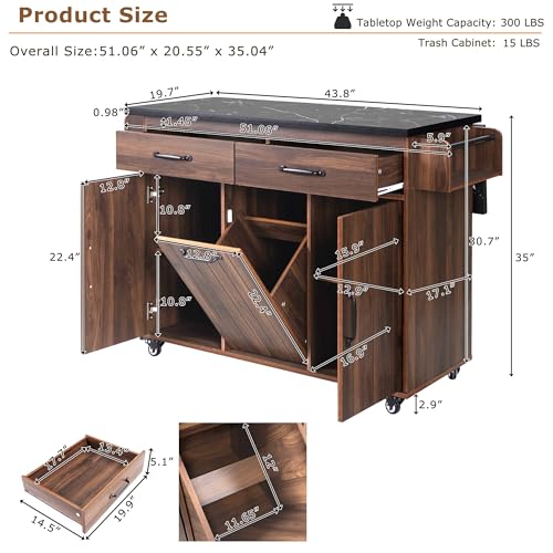60" Kitchen Island with Drop Leaf and Power Outlet, Rolling Kitchen Cart on Wheels with Trash Can Storage Cabinet, Spice Rack, Towel Rack and Adjustable Shelf for Dining Room